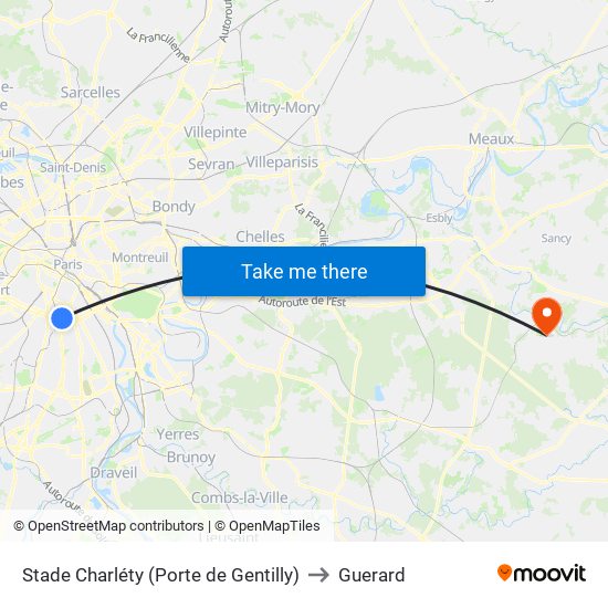 Stade Charléty (Porte de Gentilly) to Guerard map