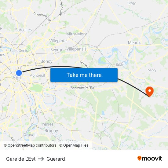Gare de L'Est to Guerard map