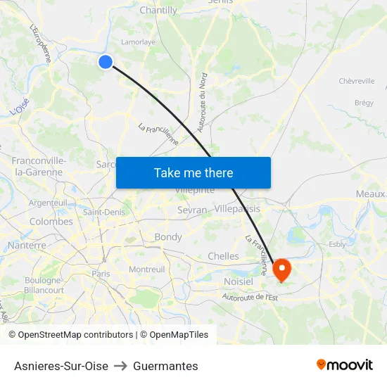 Asnieres-Sur-Oise to Guermantes map