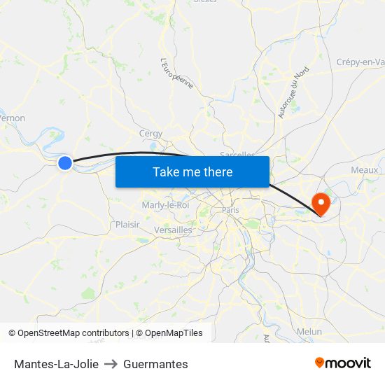 Mantes-La-Jolie to Guermantes map