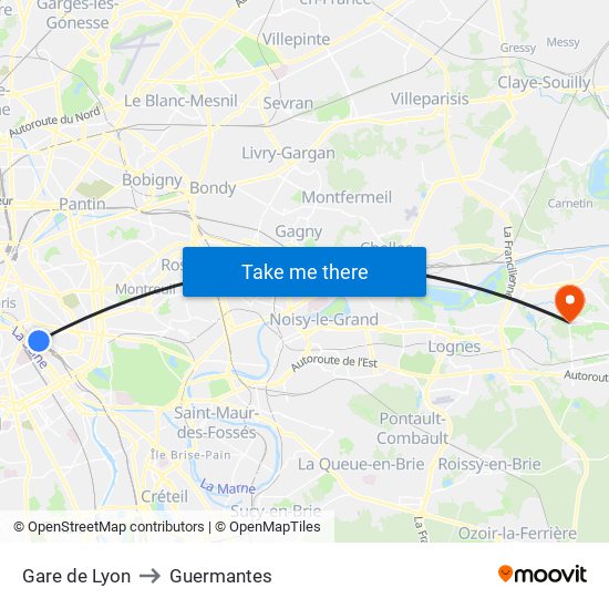 Gare de Lyon to Guermantes map