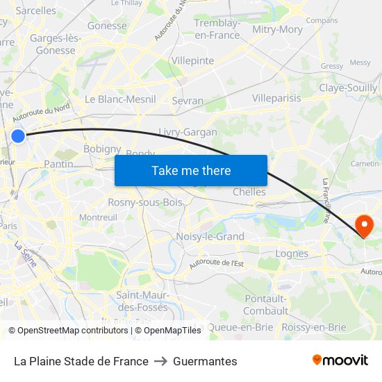 La Plaine Stade de France to Guermantes map