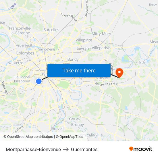 Montparnasse-Bienvenue to Guermantes map