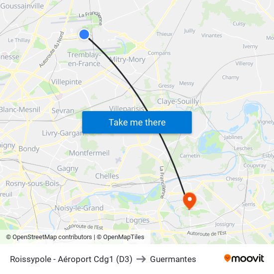 Roissypole - Aéroport Cdg1 (D3) to Guermantes map