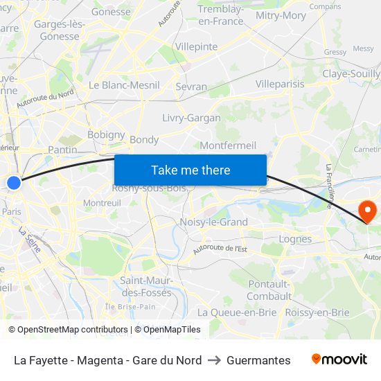 La Fayette - Magenta - Gare du Nord to Guermantes map