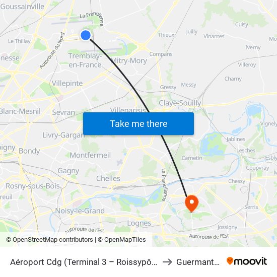 Aéroport Cdg (Terminal 3 – Roissypôle) to Guermantes map