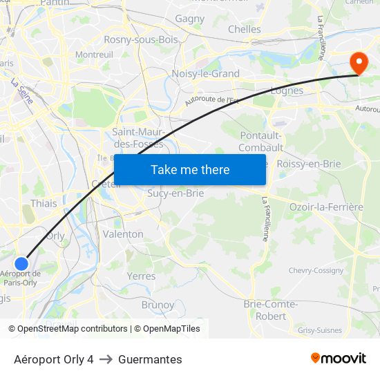 Aéroport Orly 4 to Guermantes map