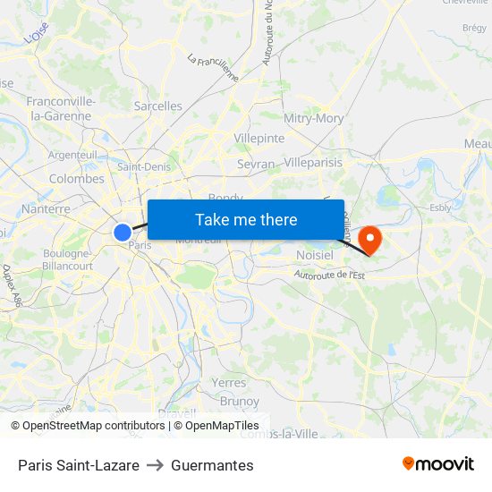 Paris Saint-Lazare to Guermantes map