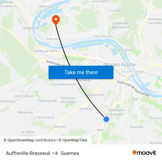 Auffreville-Brasseuil to Guernes map