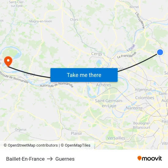 Baillet-En-France to Guernes map