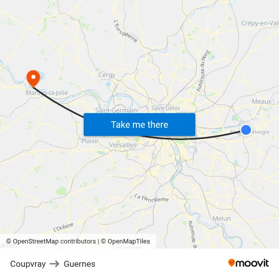 Coupvray to Guernes map