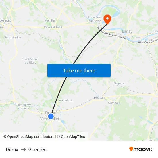 Dreux to Guernes map