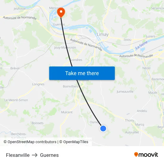 Flexanville to Guernes map