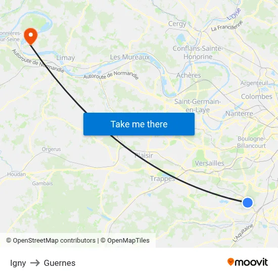 Igny to Guernes map