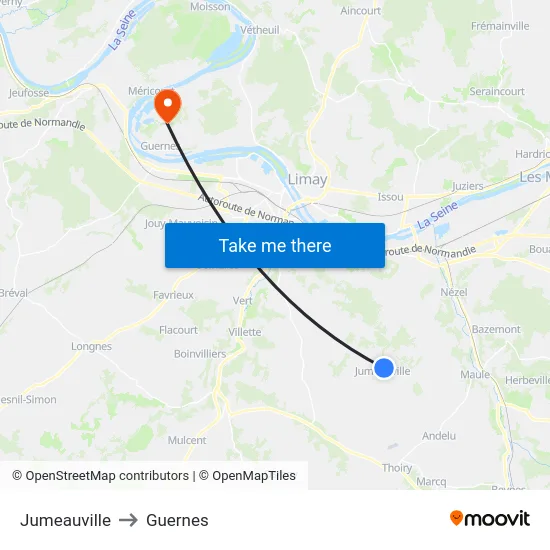 Jumeauville to Guernes map