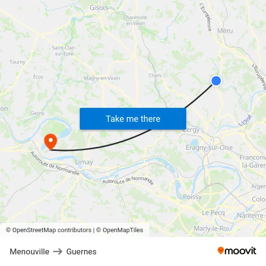 Menouville to Guernes map
