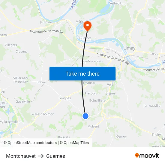 Montchauvet to Guernes map