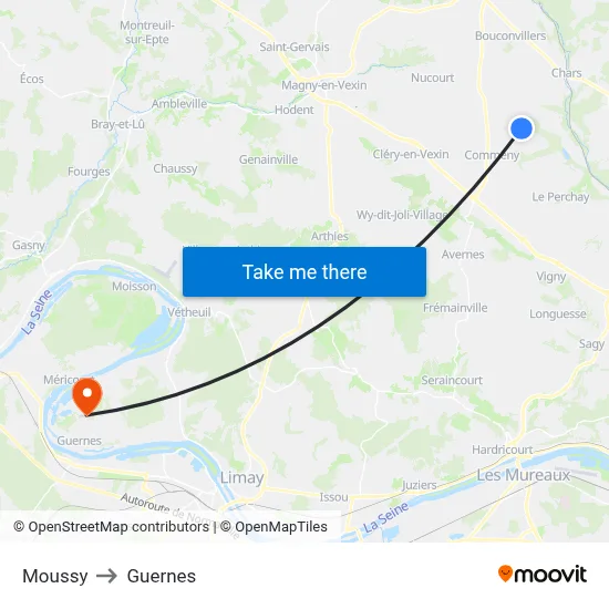 Moussy to Guernes map
