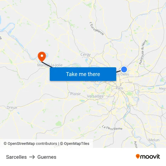 Sarcelles to Guernes map