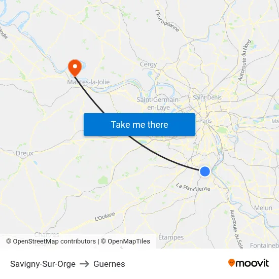 Savigny-Sur-Orge to Guernes map