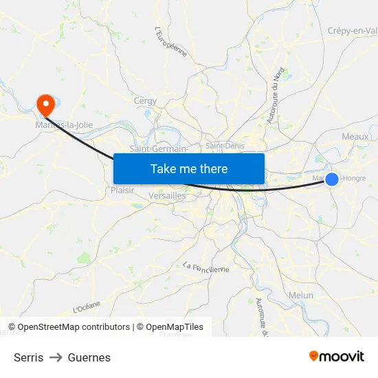 Serris to Guernes map