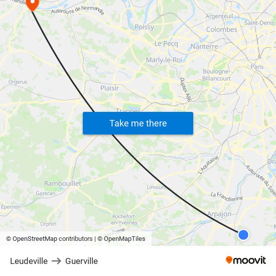 Leudeville to Guerville map