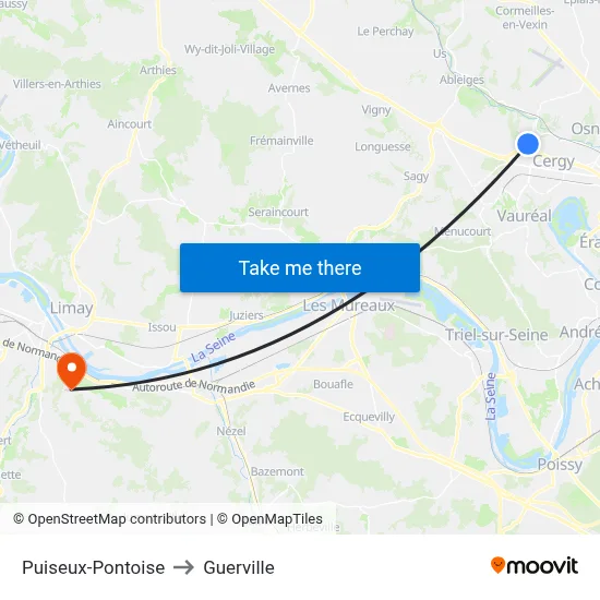 Puiseux-Pontoise to Guerville map
