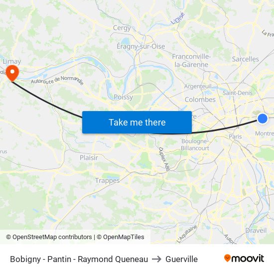 Bobigny - Pantin - Raymond Queneau to Guerville map