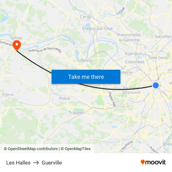 Les Halles to Guerville map