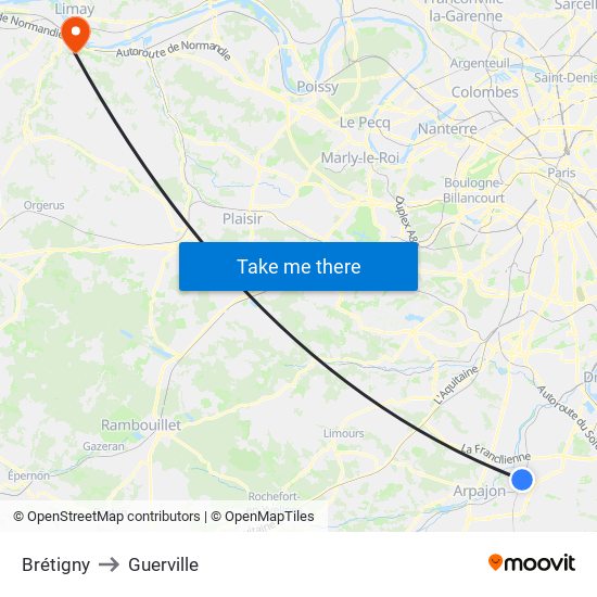 Brétigny to Guerville map