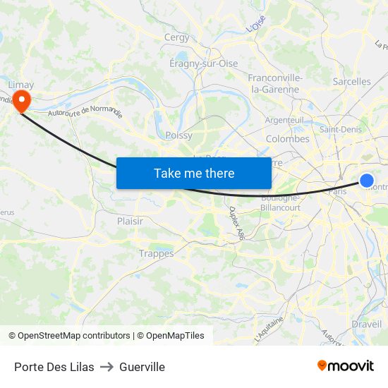 Porte Des Lilas to Guerville map