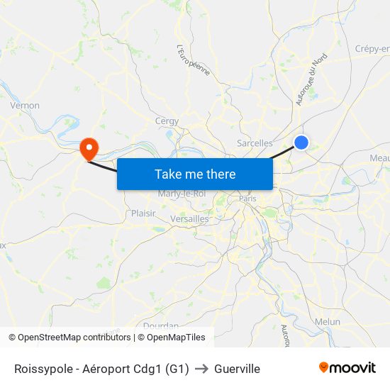 Roissypole - Aéroport Cdg1 (G1) to Guerville map