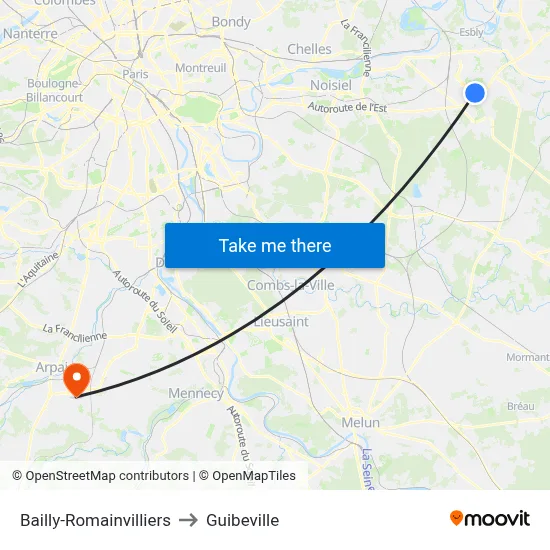 Bailly-Romainvilliers to Guibeville map