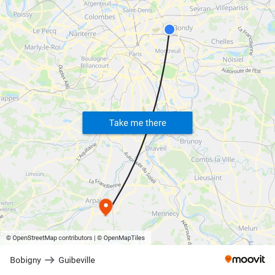 Bobigny to Guibeville map