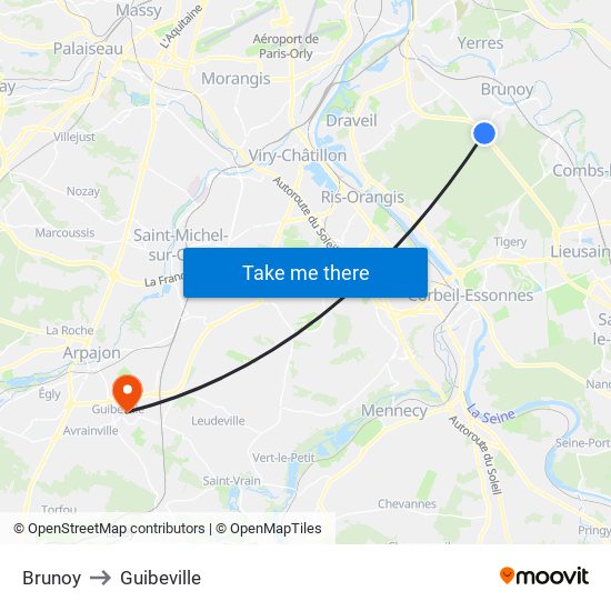 Brunoy to Guibeville map