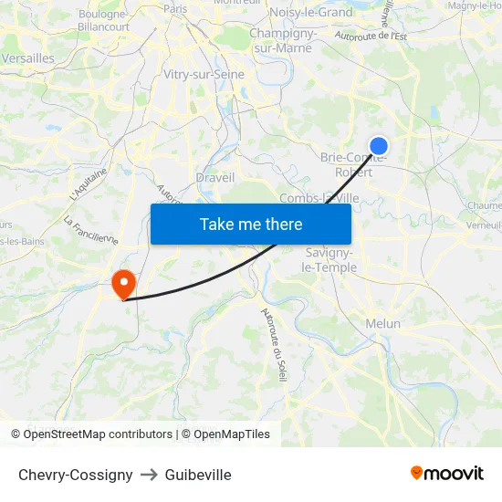 Chevry-Cossigny to Guibeville map
