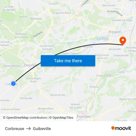 Corbreuse to Guibeville map