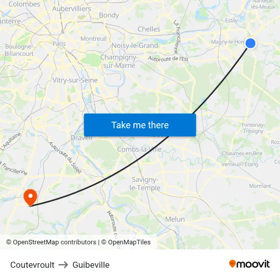 Coutevroult to Guibeville map