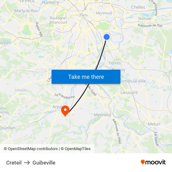 Creteil to Guibeville map