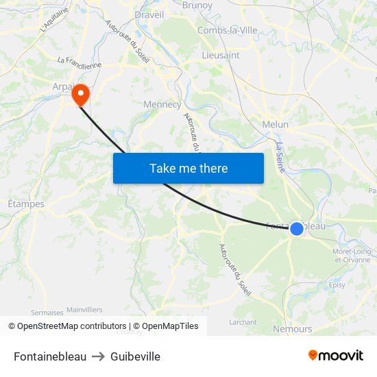 Fontainebleau to Guibeville map