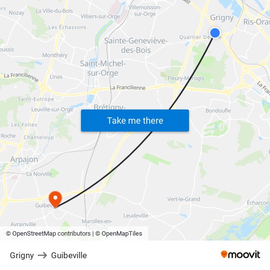 Grigny to Guibeville map