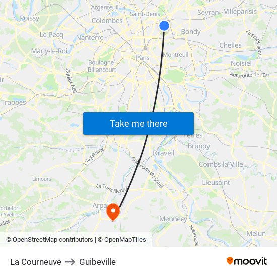 La Courneuve to Guibeville map