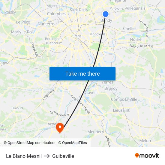 Le Blanc-Mesnil to Guibeville map