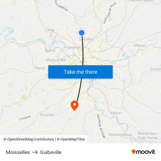Moisselles to Guibeville map