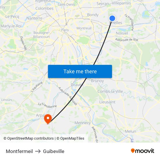 Montfermeil to Guibeville map