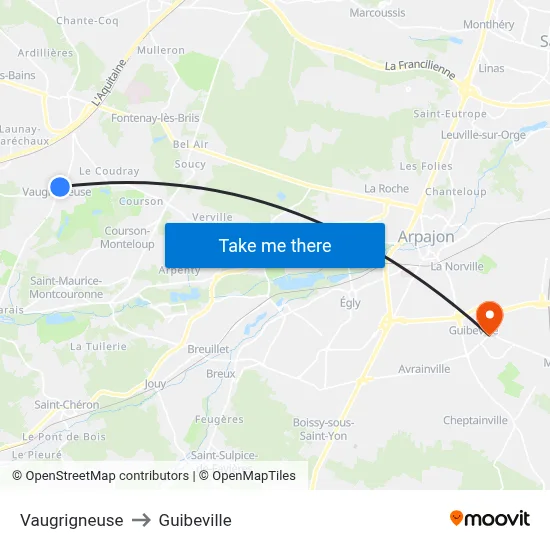 Vaugrigneuse to Guibeville map