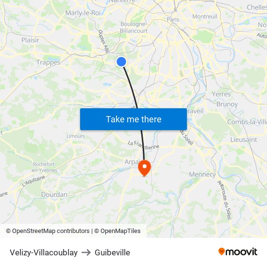 Velizy-Villacoublay to Guibeville map