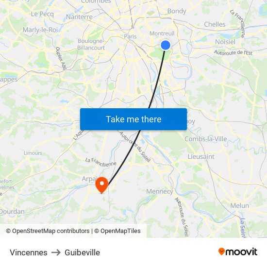 Vincennes to Guibeville map