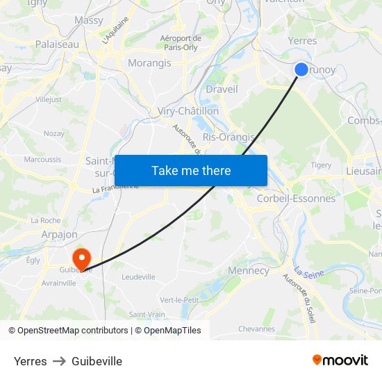 Yerres to Guibeville map