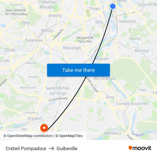 Créteil Pompadour to Guibeville map